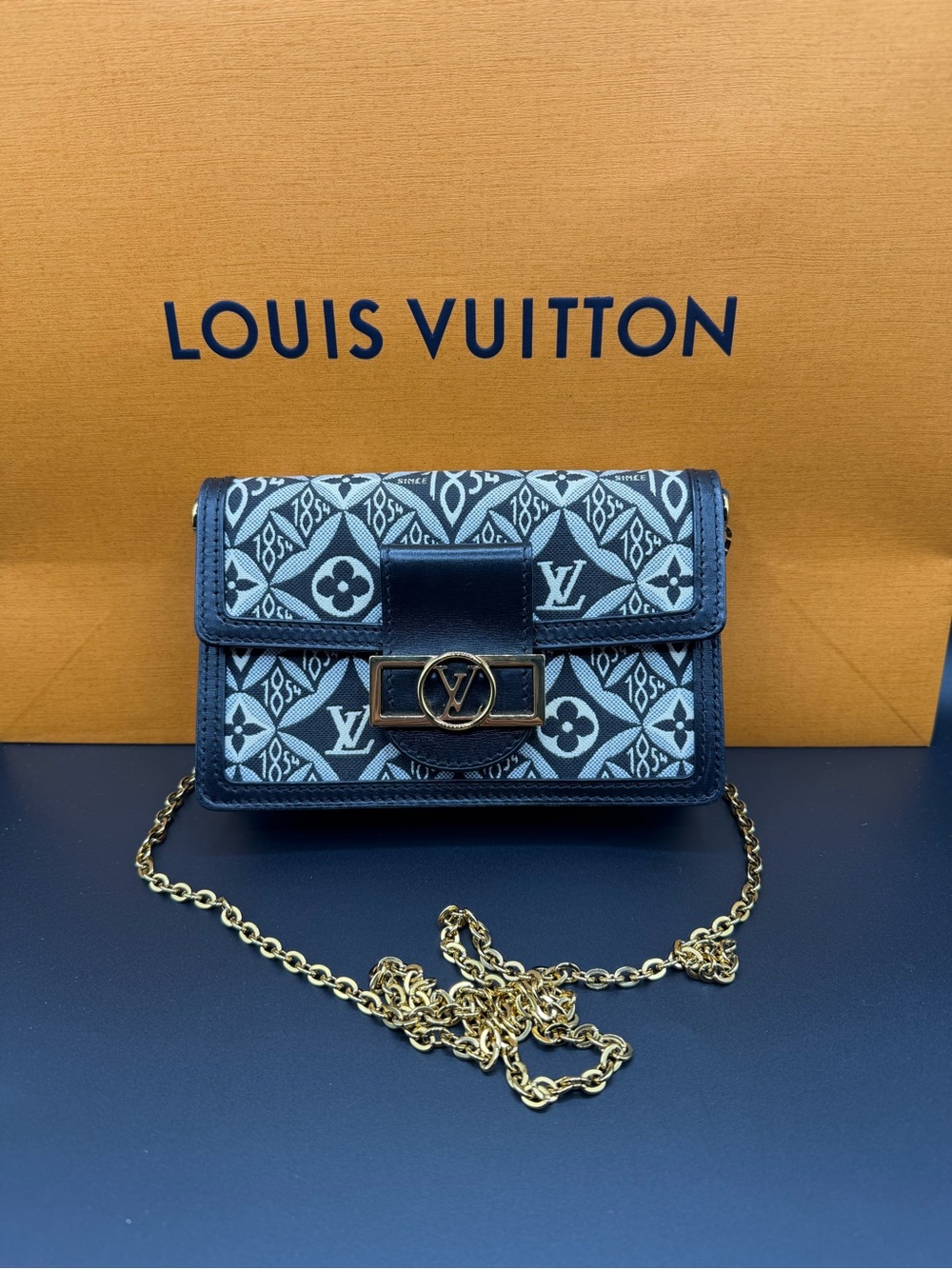 Louis Vuitton Black Blue Jacquard Since 1854 Dauphine Chain Wallet